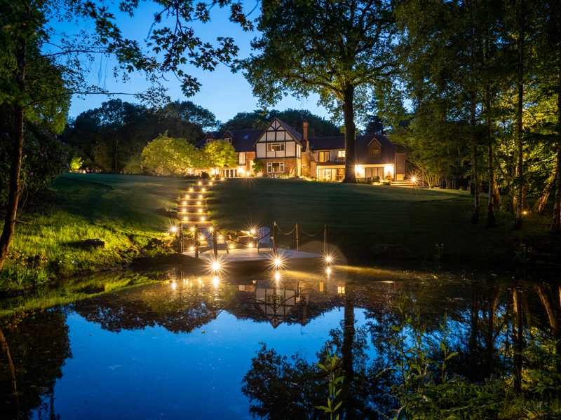 Lower pond and lit steps