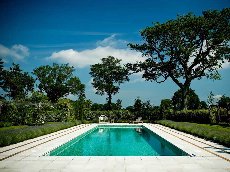 Brick lines running through the terrace with lavender hedge